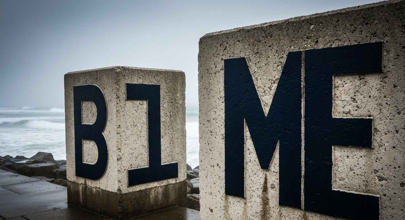 Breakwater typeface shown as bold geometric letters on coastal concrete