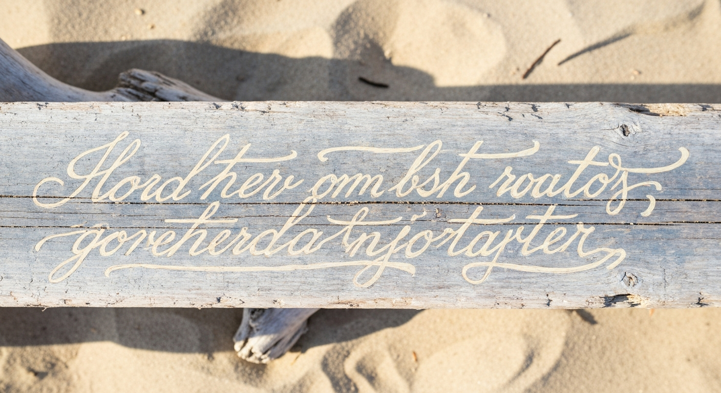 Saltwash typeface rendered as faded script on driftwood